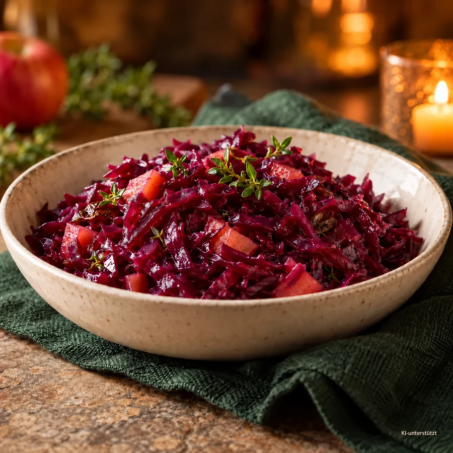 Apfelrotkohl in einer hellen Servierschale – KI-generierte Illustration.