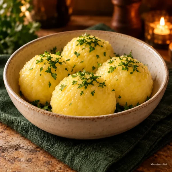 beilage-kartoffelknoedel-v2-ki-klein Kartoffelknödel mit Kräutern in einer Keramikschale – KI-generierte Illustration.