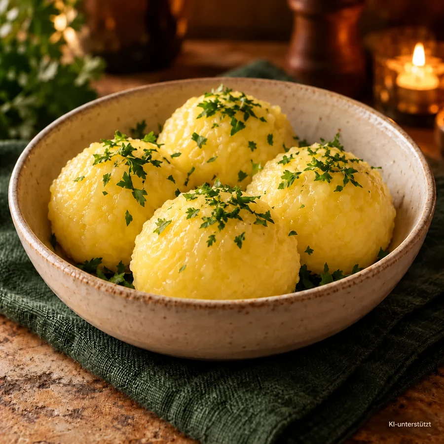 Kartoffelknödel mit Kräutern in einer Keramikschale – KI-generierte Illustration.
