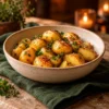 Goldbraune Kartoffeln mit Kräutern in einer Servierschale – KI-generierte Illustration.