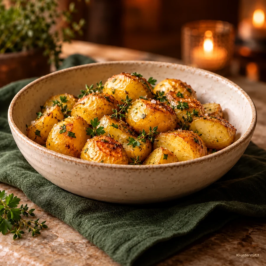 Goldbraune Kartoffeln mit Kräutern in einer Servierschale – KI-generierte Illustration.
