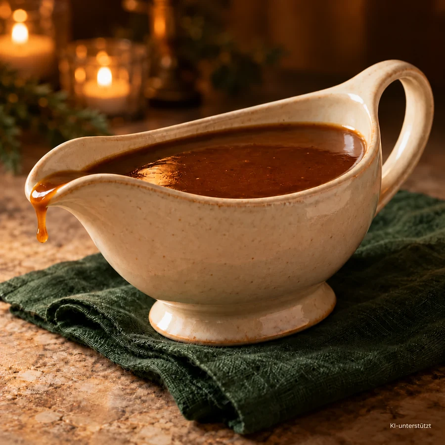 Braune Bratensauce in einer hellen Sauciere – KI-generierte Illustration.