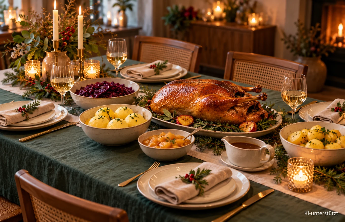 Festlich gedeckter Tisch mit Gänsebraten und Beilagen für vier Personen – KI-generierte Illustration.