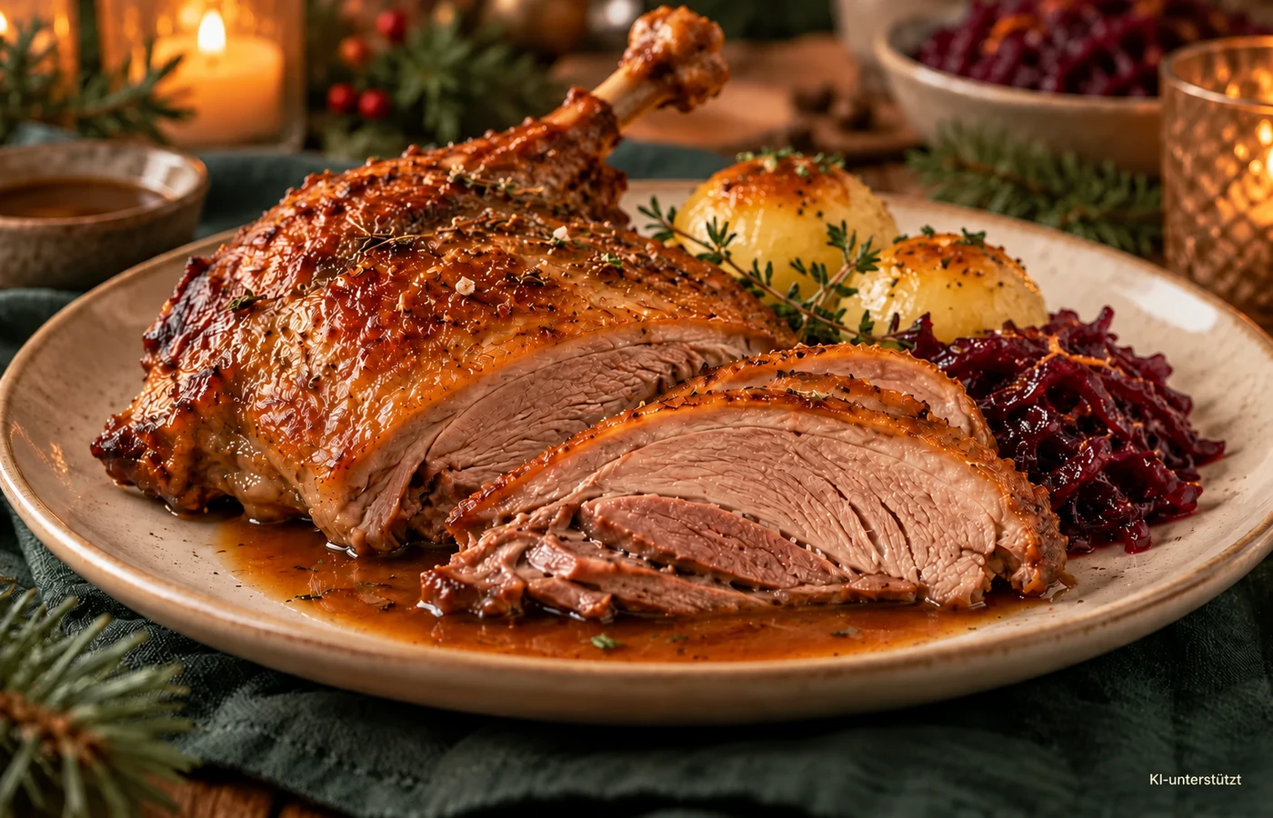 Knusprige Gänsehaut und aufgeschnittenes Gänsefleisch in Nahaufnahme – KI-generierte Illustration.