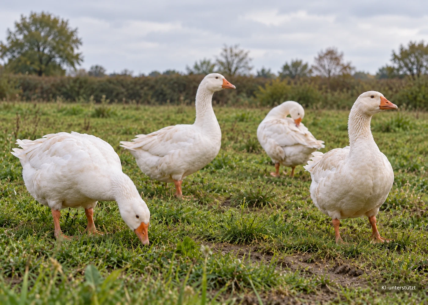 Weiße Gänse auf einer Wiese – KI-generiertes Symbolbild, keine Aufnahme eines konkreten Lieferanten.