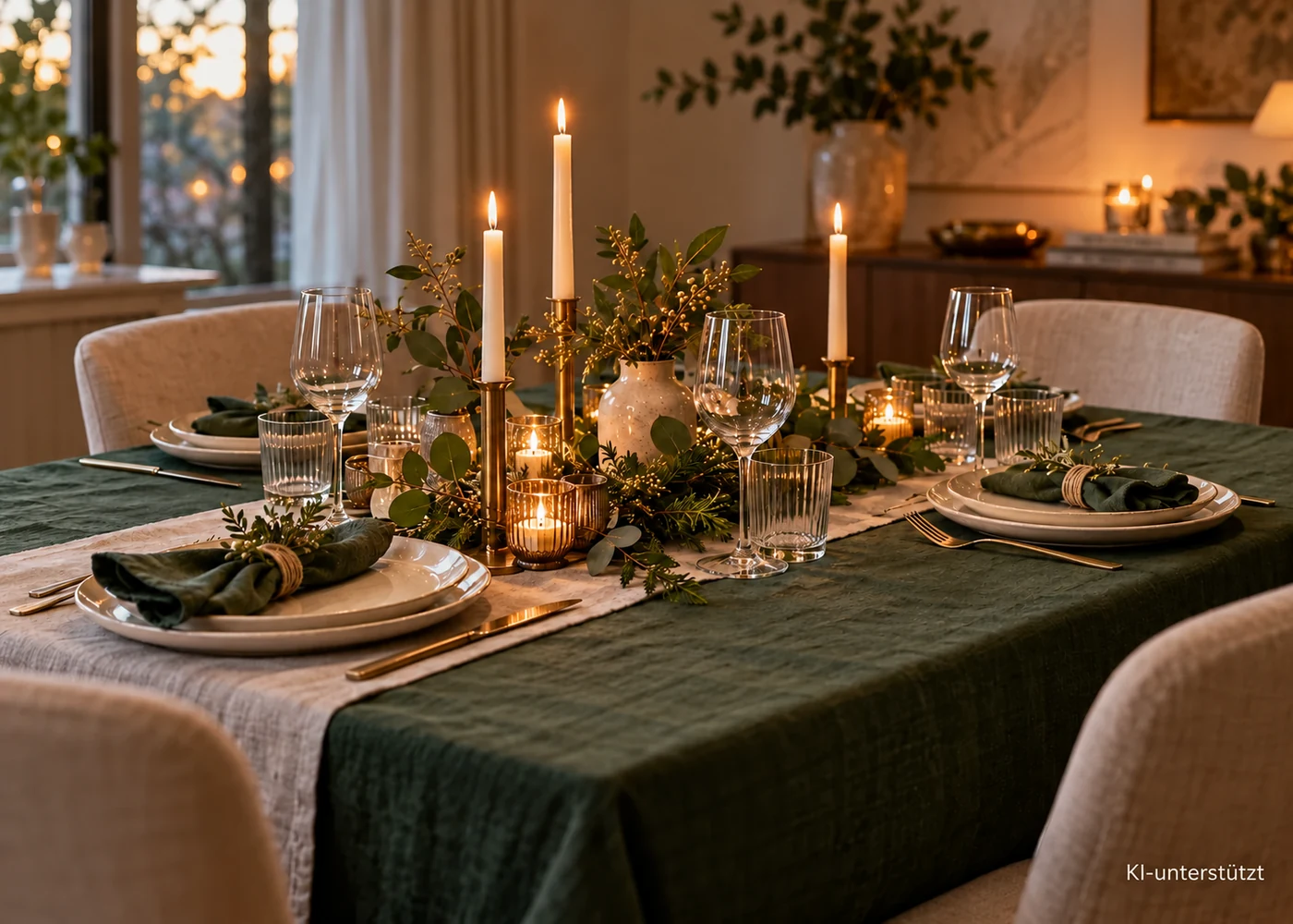 Festliche Tafel mit heller Keramik, grüner Tischwäsche und Kerzen – KI-generierte Illustration.