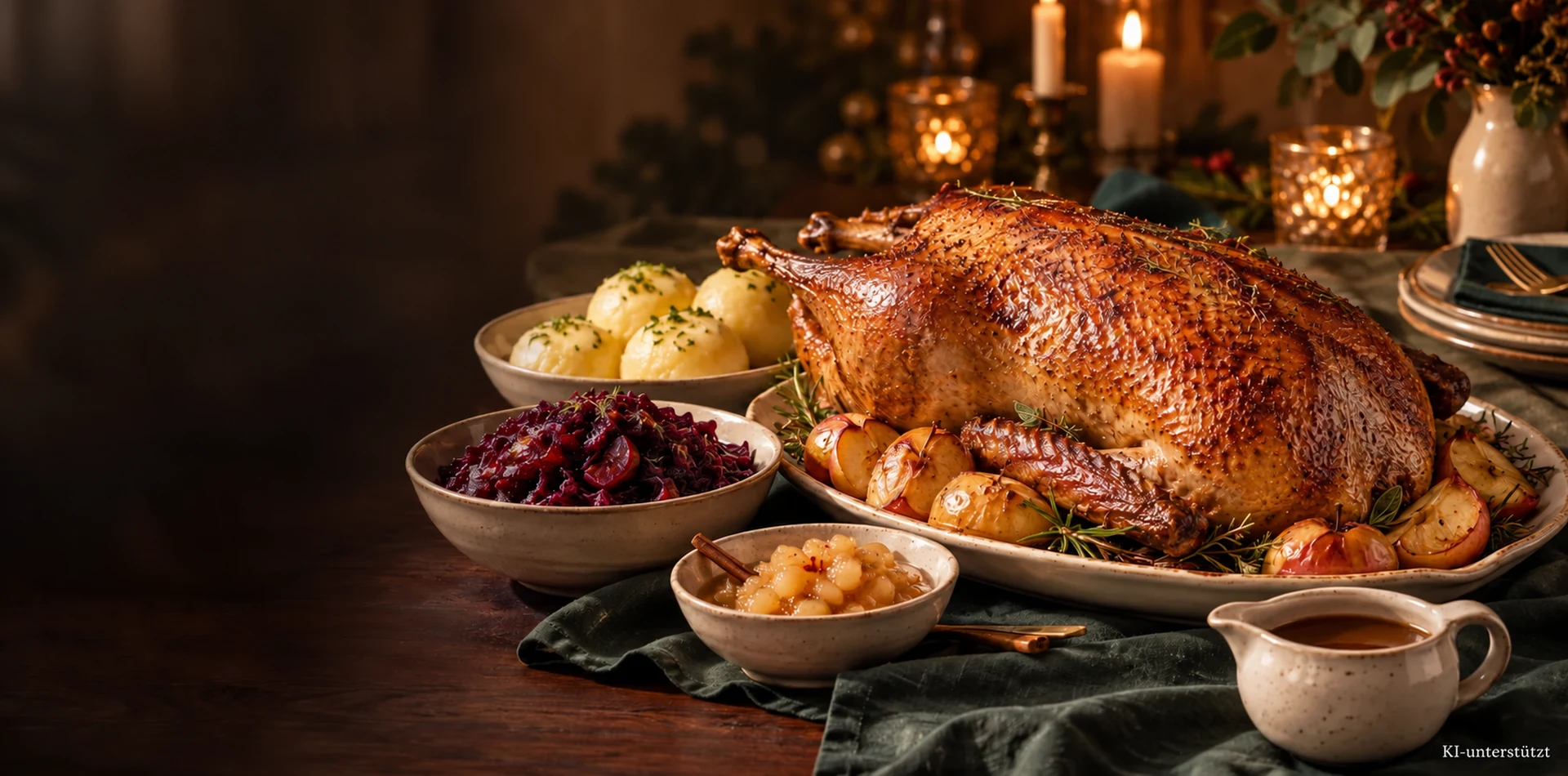 Goldbrauner Gänsebraten mit klassischen Beilagen auf einer festlichen Tafel – KI-generierte Illustration.