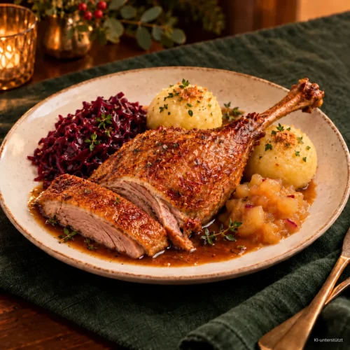 Gänsebratenportion mit Keule und einem Stück Gänsebrust, Apfelrotkohl, zwei Kartoffelknödeln, Apfelkompott und Sauce – KI-generierte Illustration.
